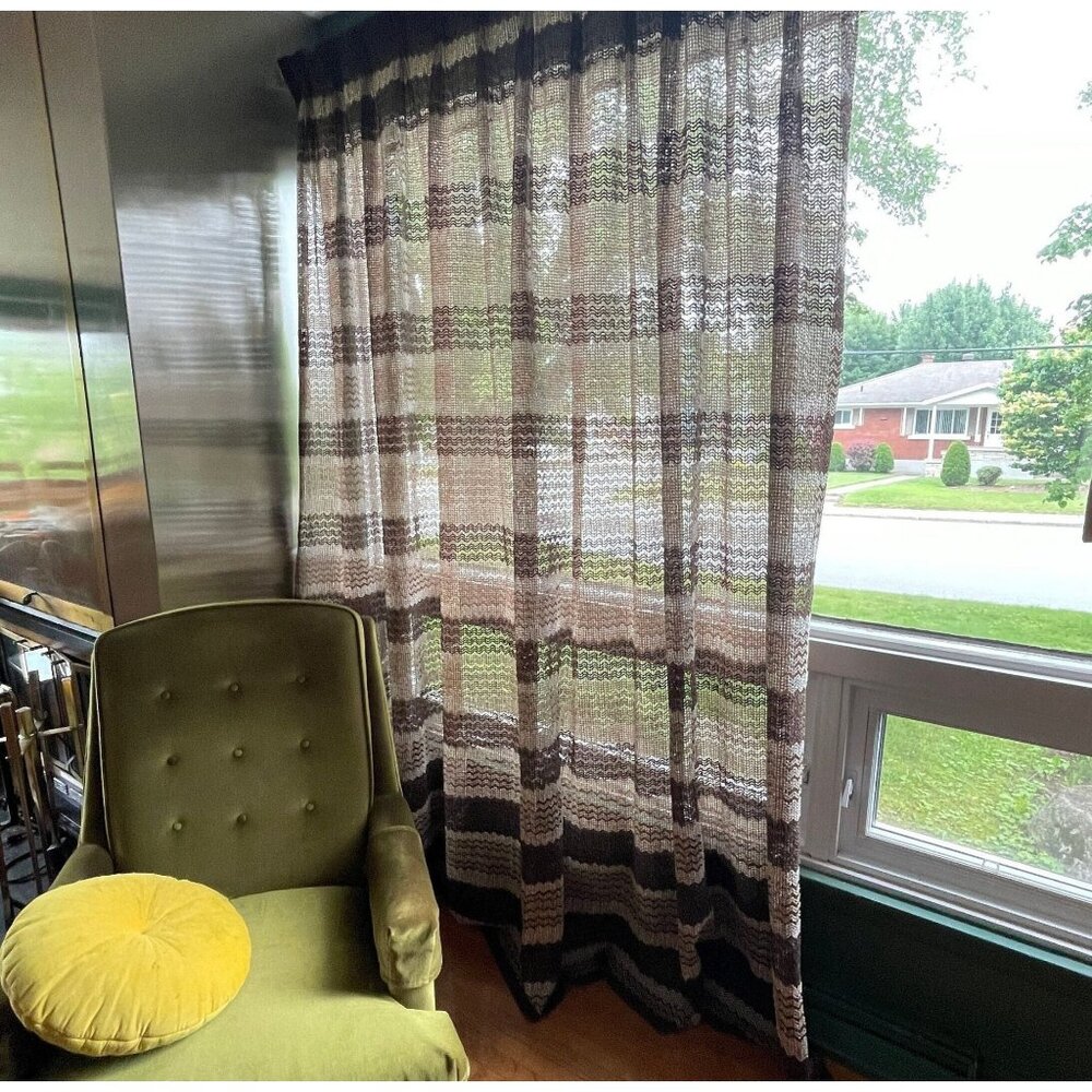Vintage 70s pleated curtain, dark brown & almond, net woven, long panel